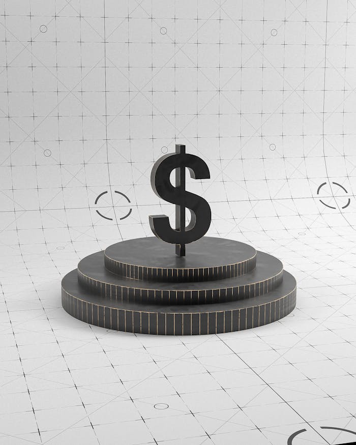 Conceptual 3D illustration of a dollar sign on a podium, ideal for finance themes.