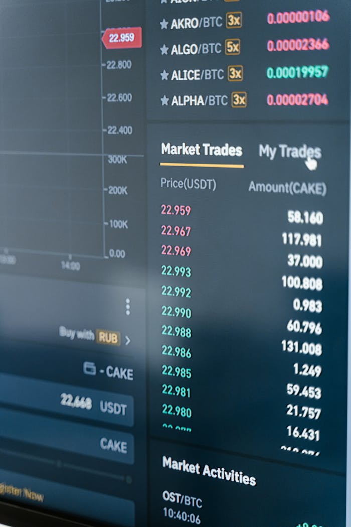 services-01 Close-up of a cryptocurrency trading screen showing market trades and activities.