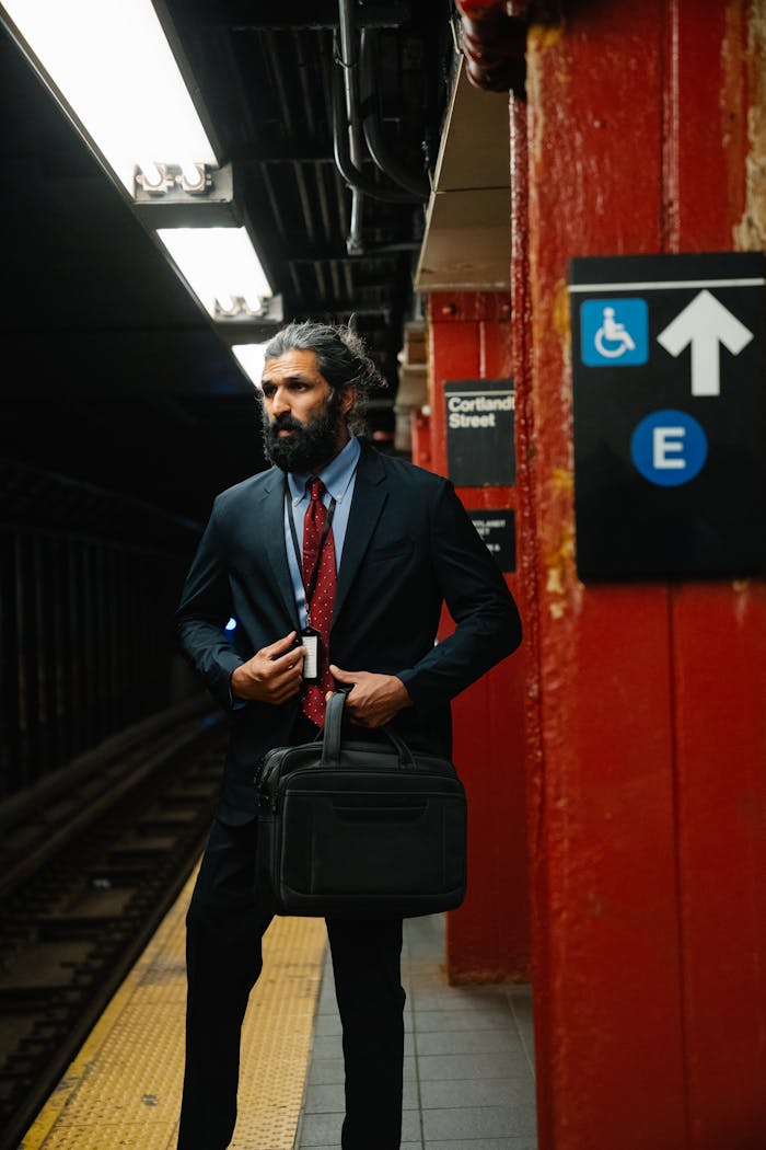 heros-img Professional businessman stands on Cortland Street subway platform in New York City.