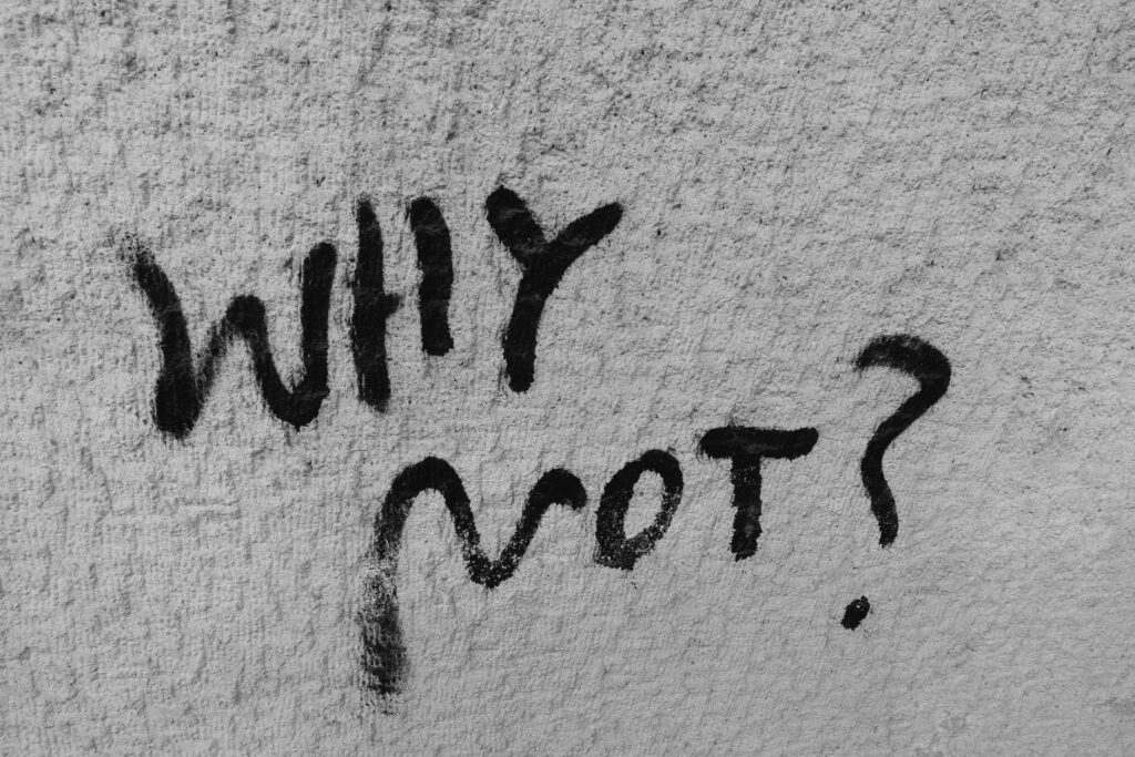 Black graffiti reading 'Why Not?' on a rough wall texture, inspiring curiosity.